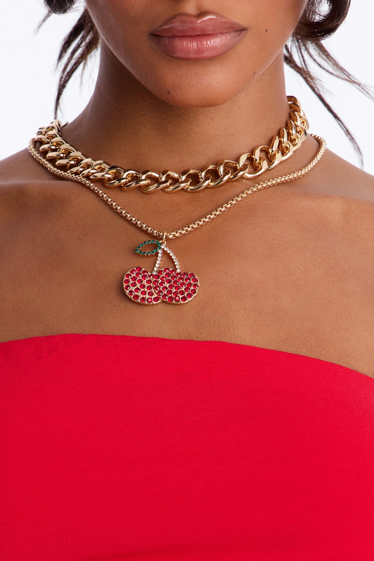 Cherry Pop Rhinestone Layered Necklace - Gold/Red — Dourado/Vermelho