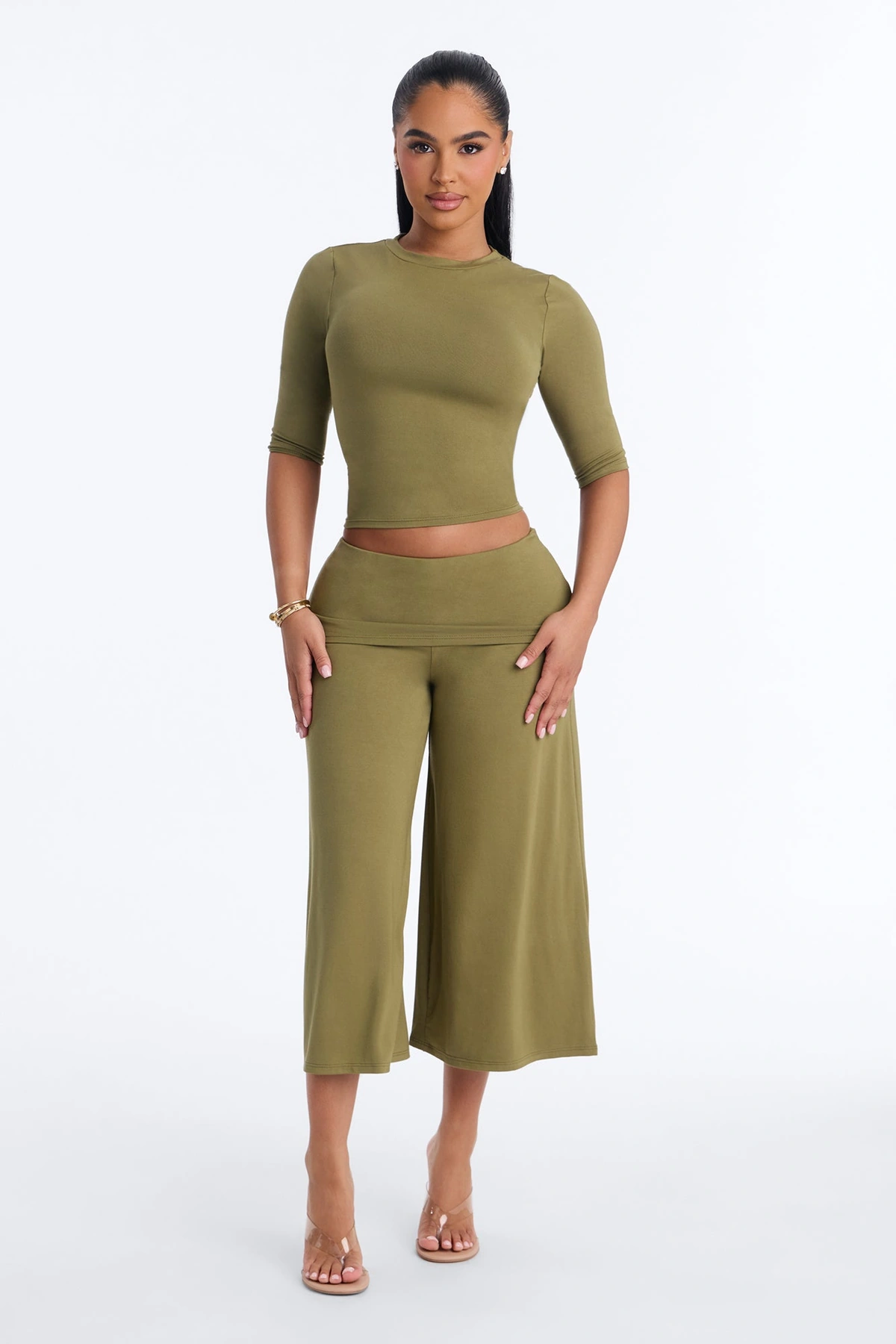 Kyla Foldover Gaucho Pant Set - Olive — Verde-azeitona