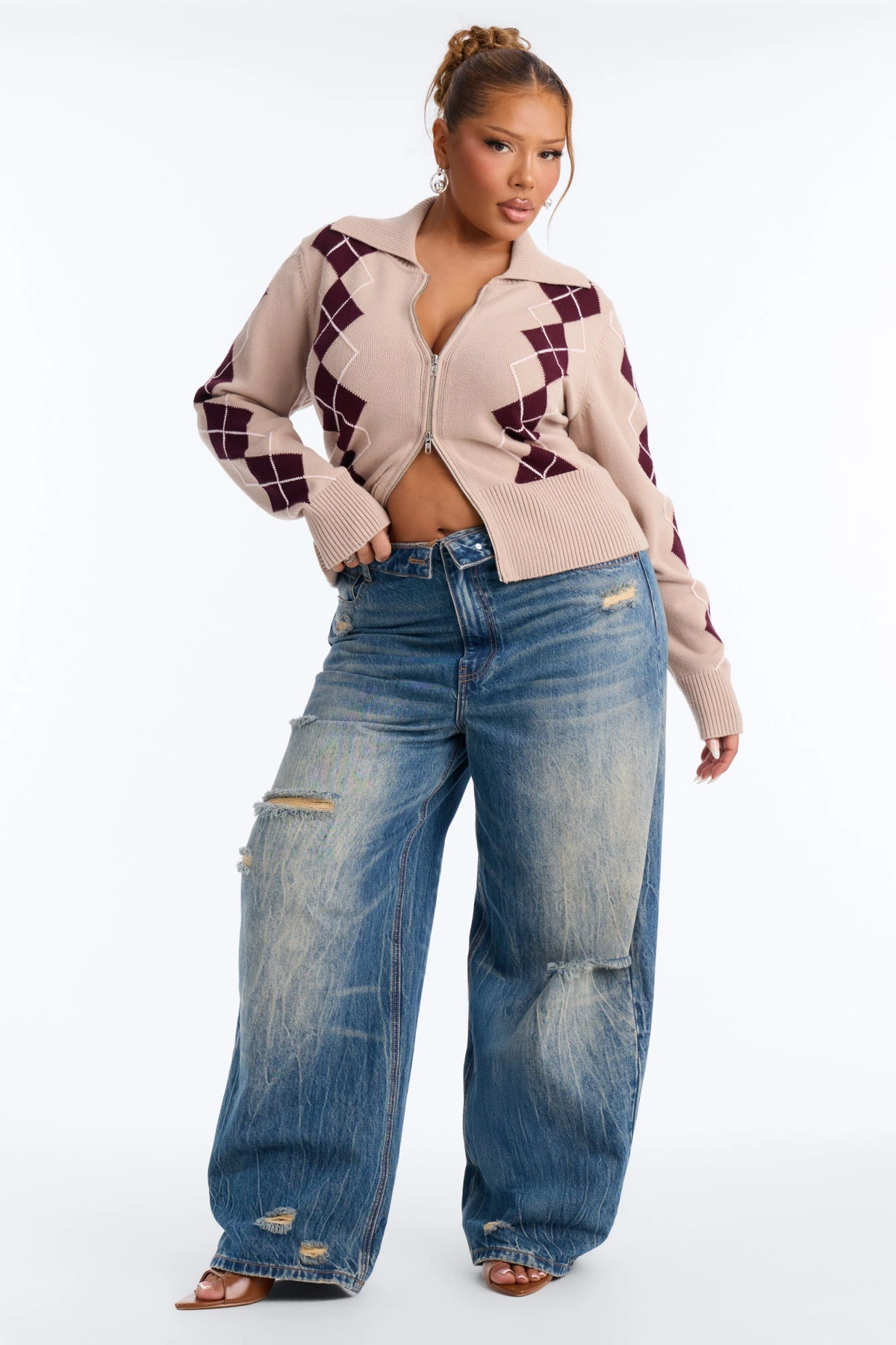 Status Update Front Zip Argyle Cardigan - Oatmeal/combo — Aveia/combinação