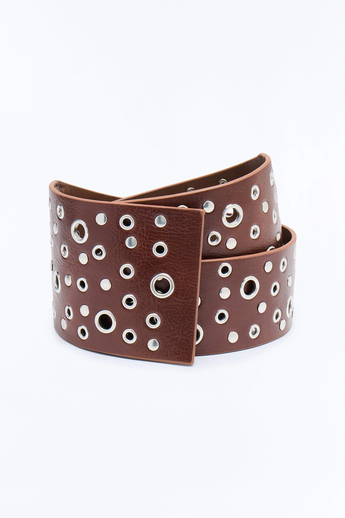 Outlaw Grommet Faux Leather Wide Belt - Brown — Castanho