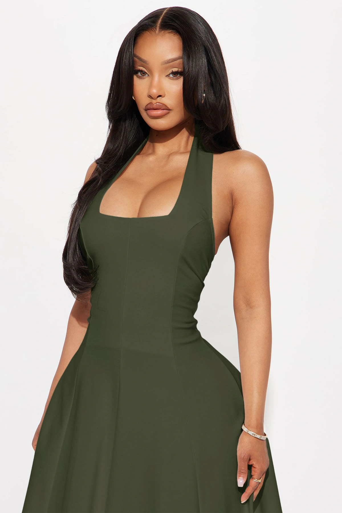Mabel Ponte Midi Dress - Olive — Verde-azeitona