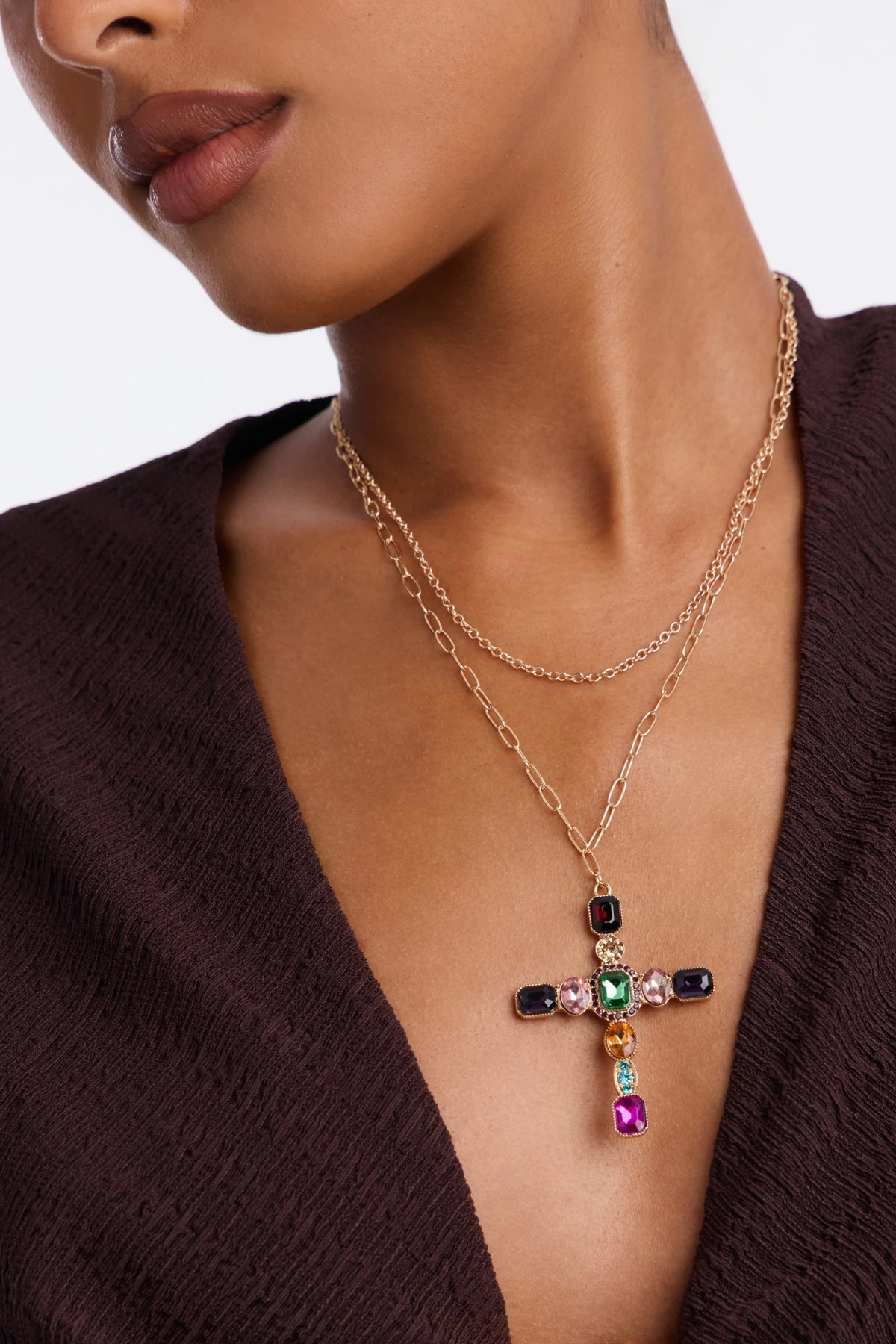 Faith That Sparkles Layered Necklace - Gold/Multi — Dourado/Multicolor