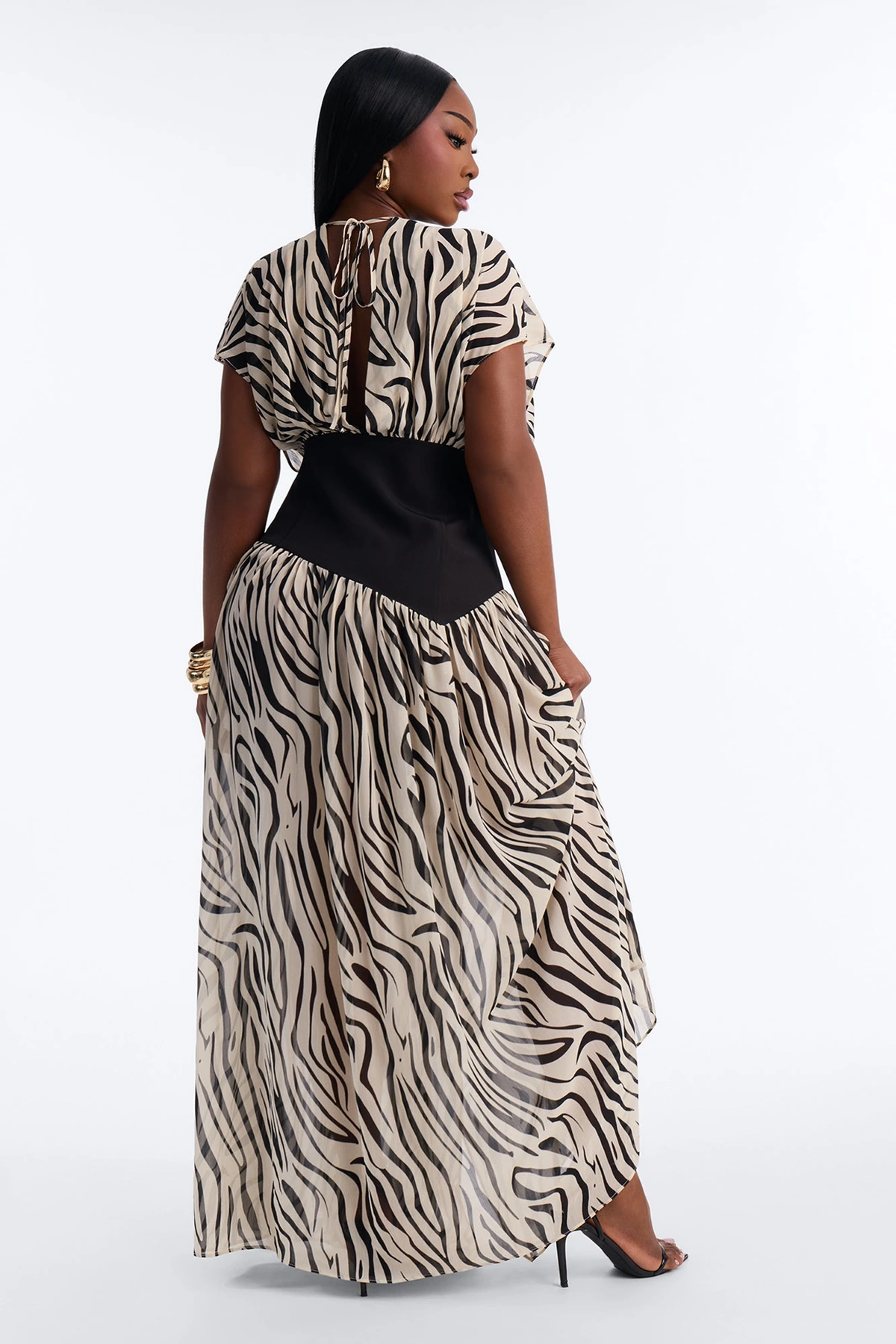 Dalilah Printed Chiffon Corset Maxi Dress - White/Black — Branco/Preto
