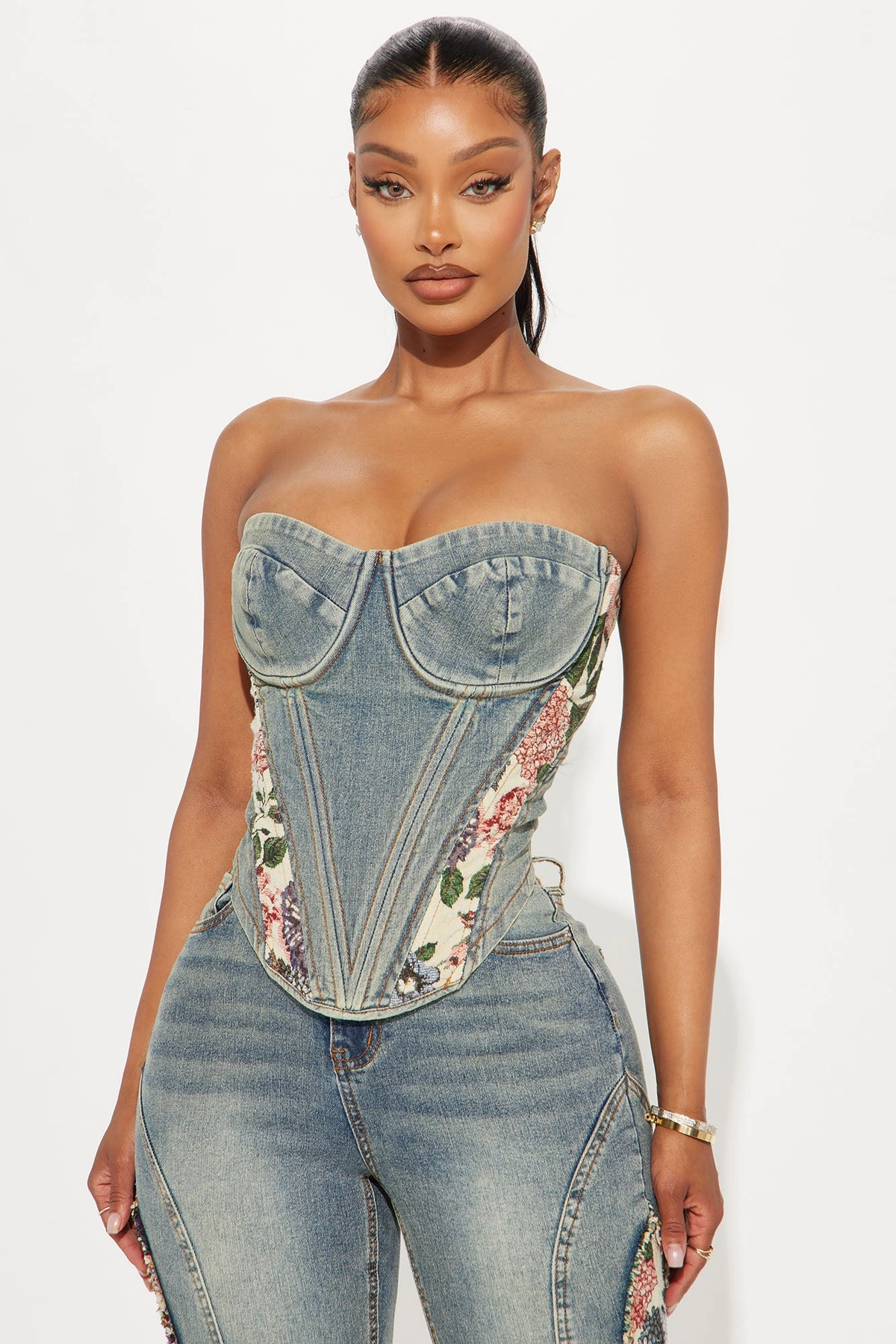 Amari Floral Denim Corset Top - Vintage Wash — Ganga de lavagem envelhecida