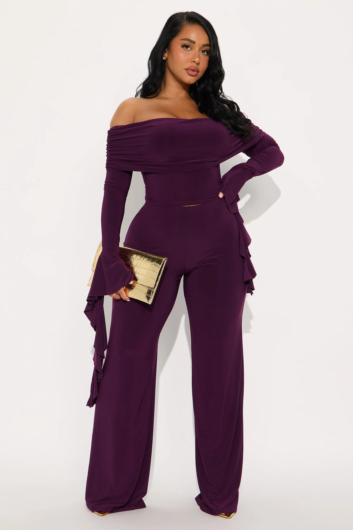 On Again Off Shoulder Top And Pant Set - Eggplant — Eggplant