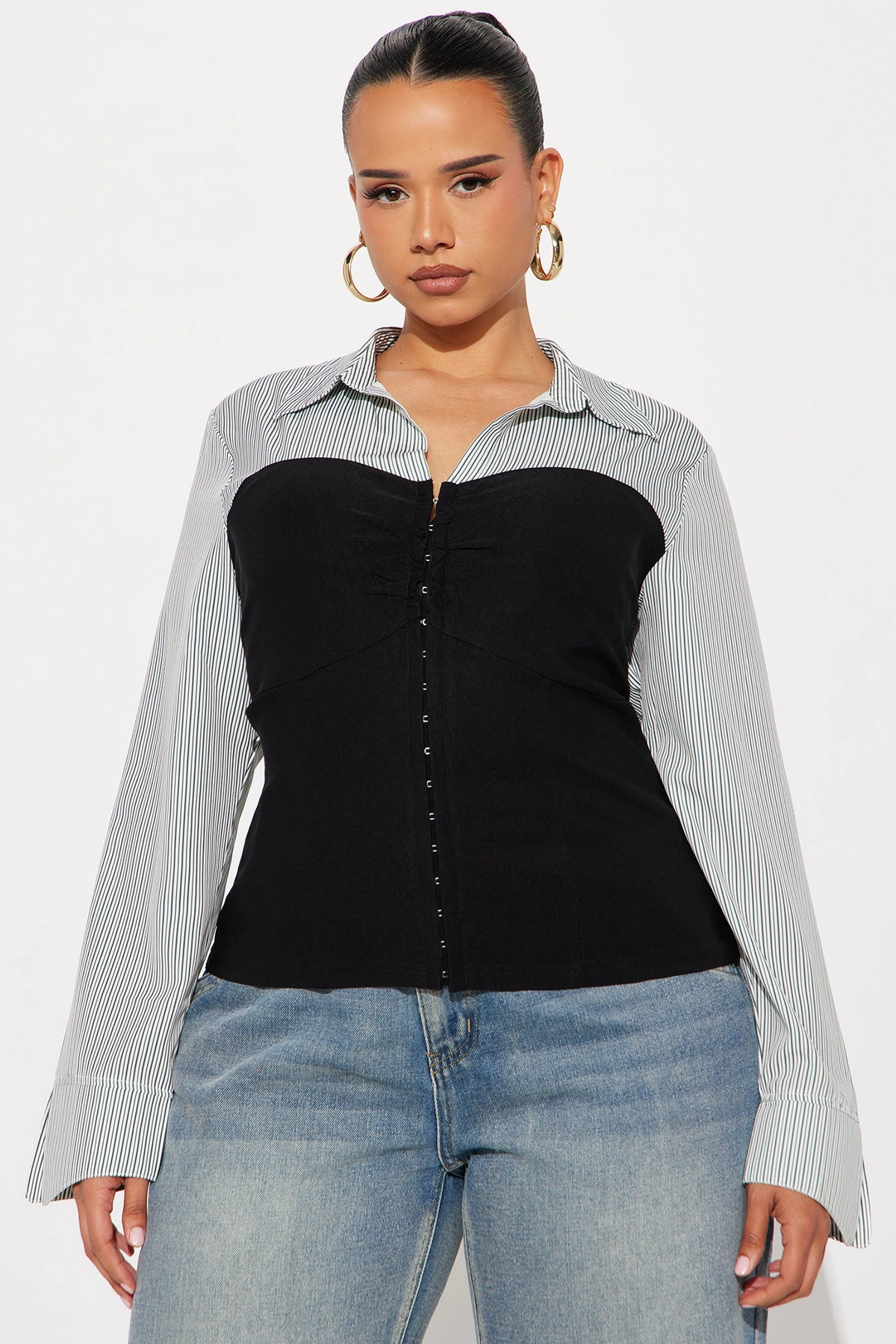 Over Time Set In Poplin Corset Top - Black/combo — Preto/combinação