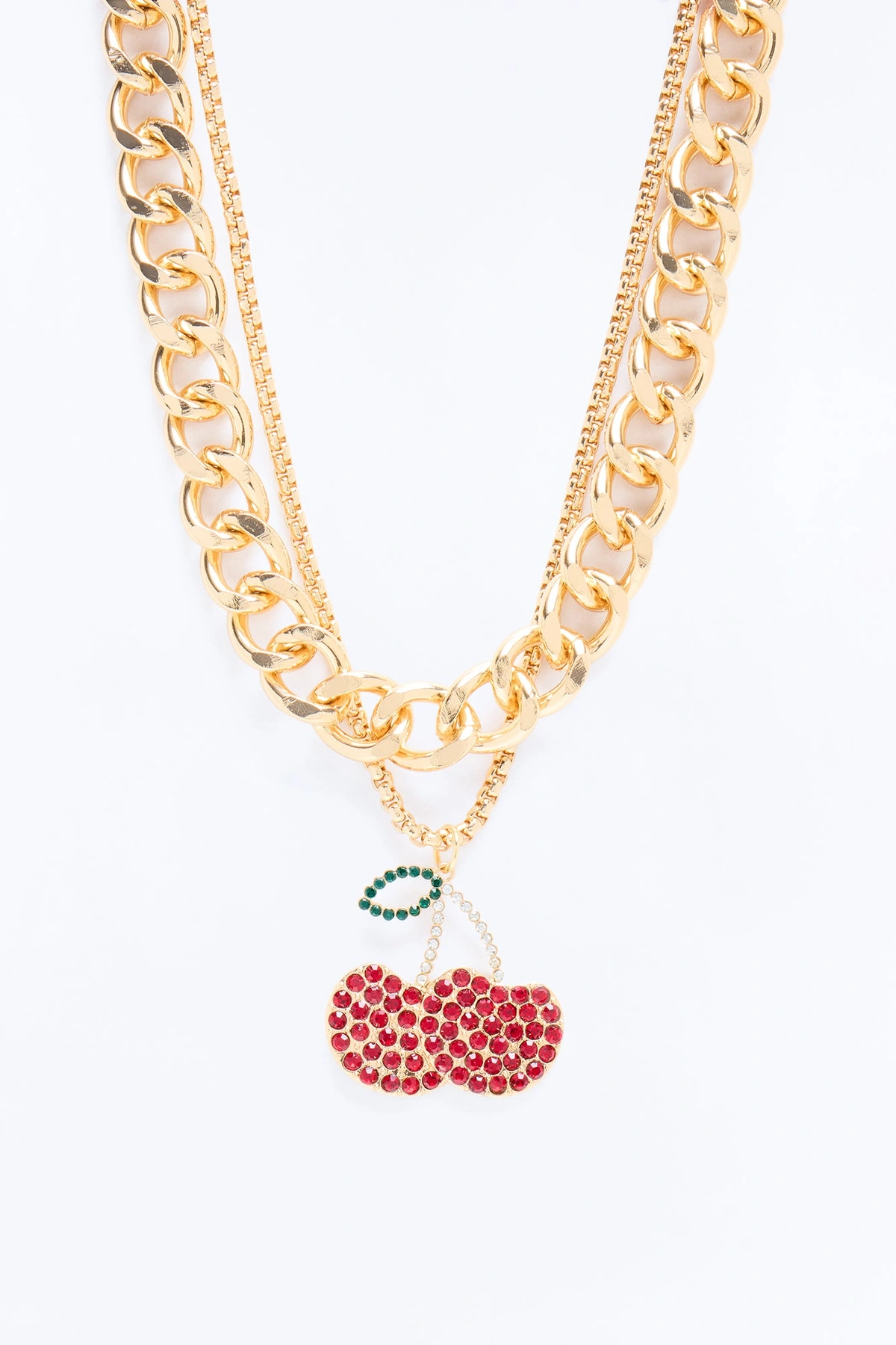 Cherry Pop Rhinestone Layered Necklace - Gold/Red — Dourado/Vermelho