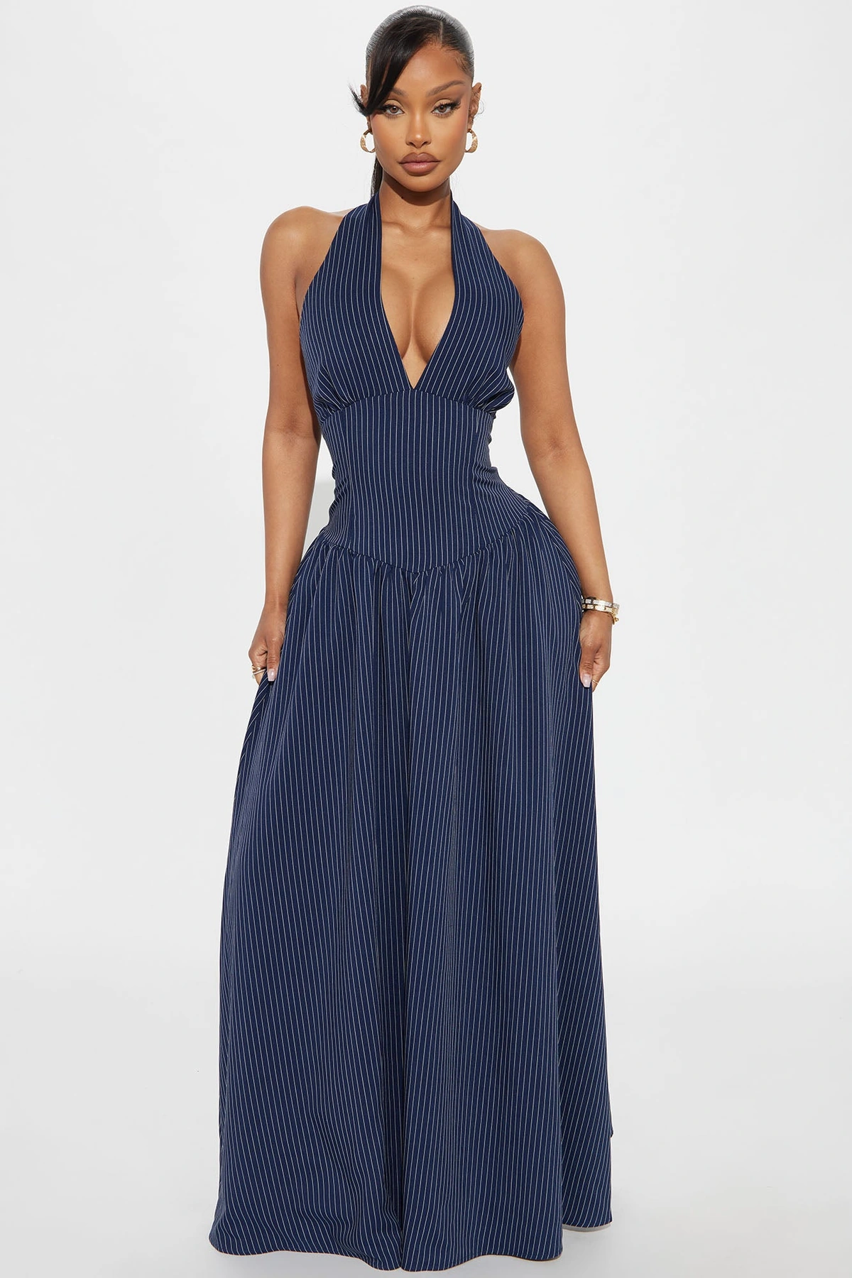 Jayla Pinstripe Halter Maxi Dress - Navy/combo — Azul-marinho/combinação