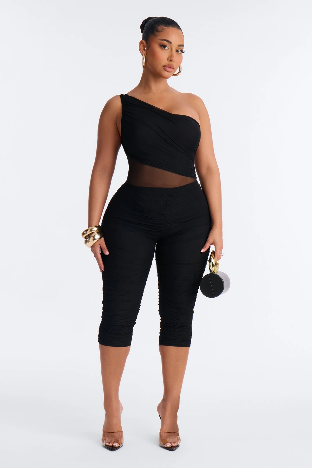 Aria Mesh Cut Out Capri Catsuit - Black — Preto