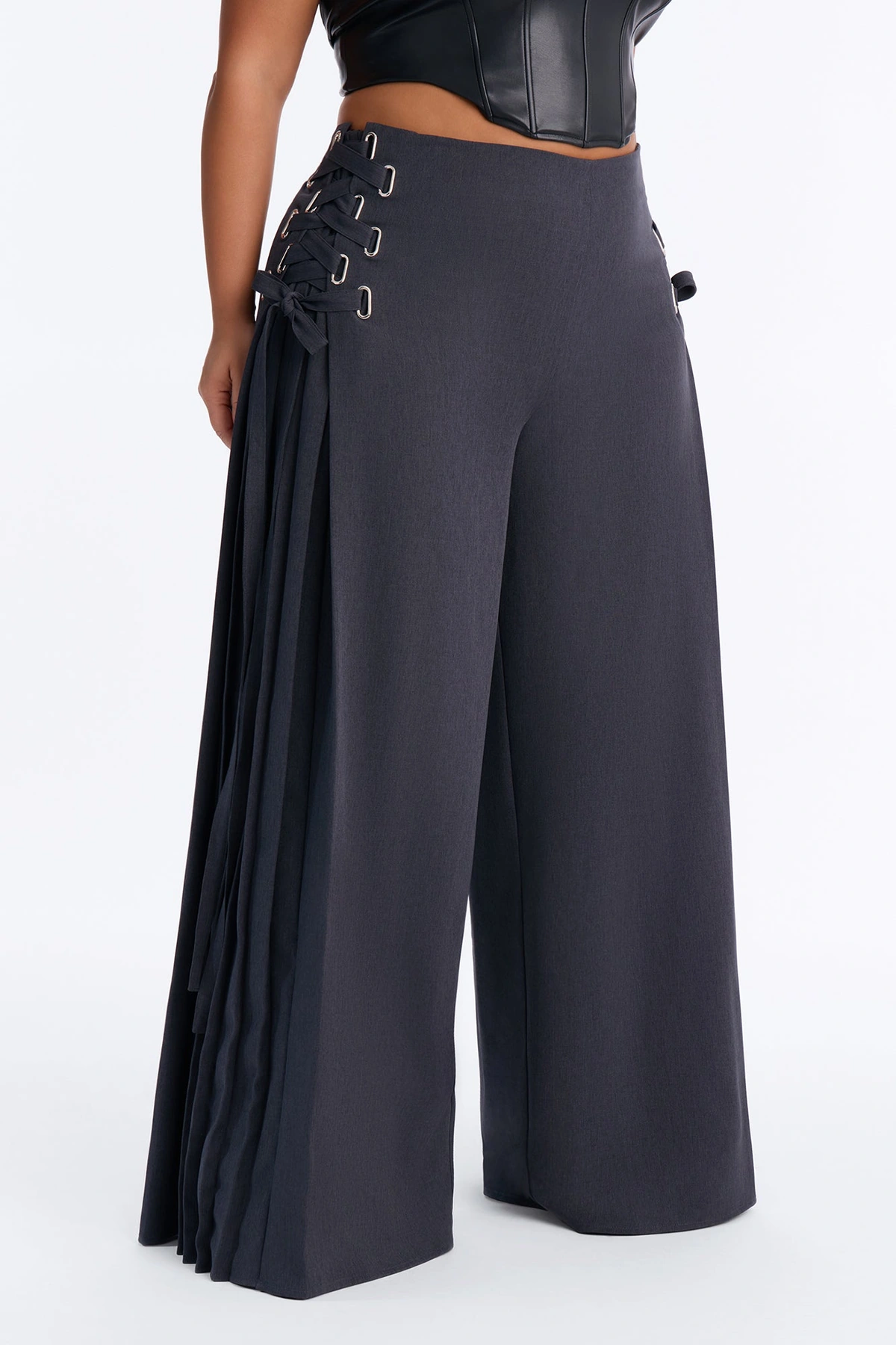 Tate High Rise Lace Up Pleated Wide Leg Trouser - Charcoal — Cinzento-escuro
