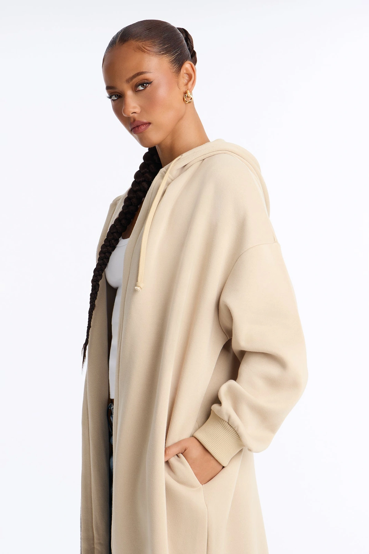 Sunday Lounge Fleece Hooded Long Jacket - Taupe — Bege acinzentado