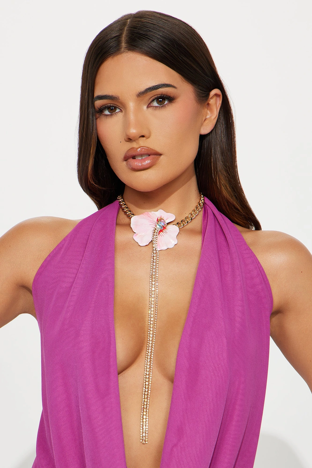 3D Floral Rhinestones Lariat Necklace - Pink/combo — Rosa/combinação