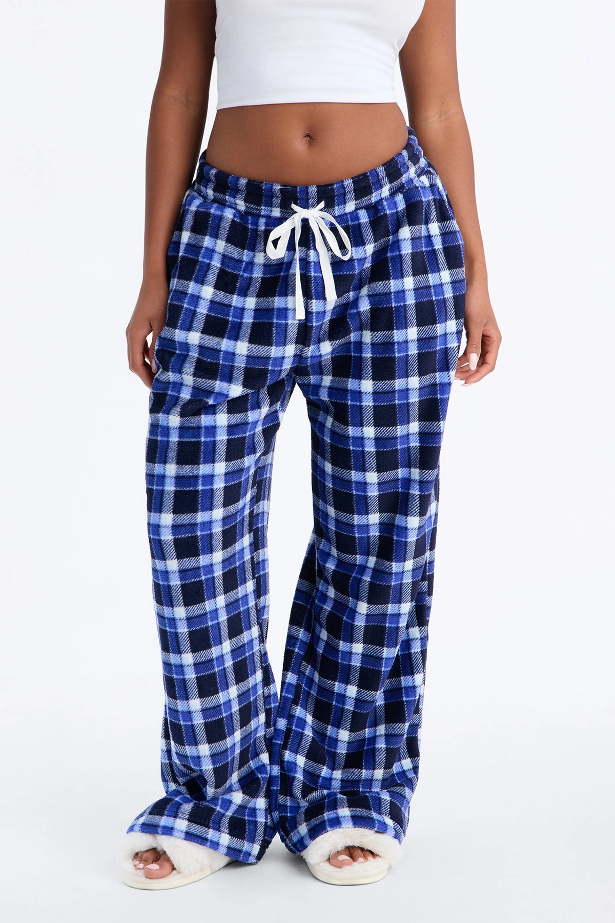 Chill Night Plaid Wide Leg Plush PJ Pant - Blue — Azul