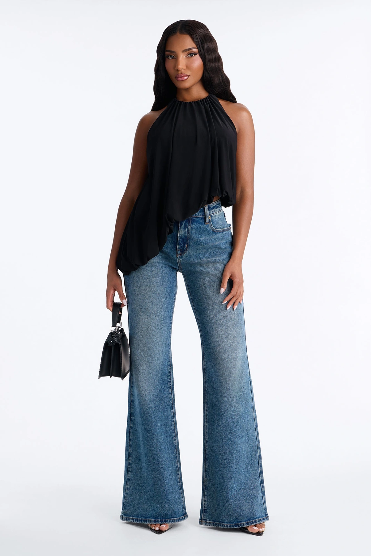 Selena Ruched Asymmetrical Halter Top - Black — Preto