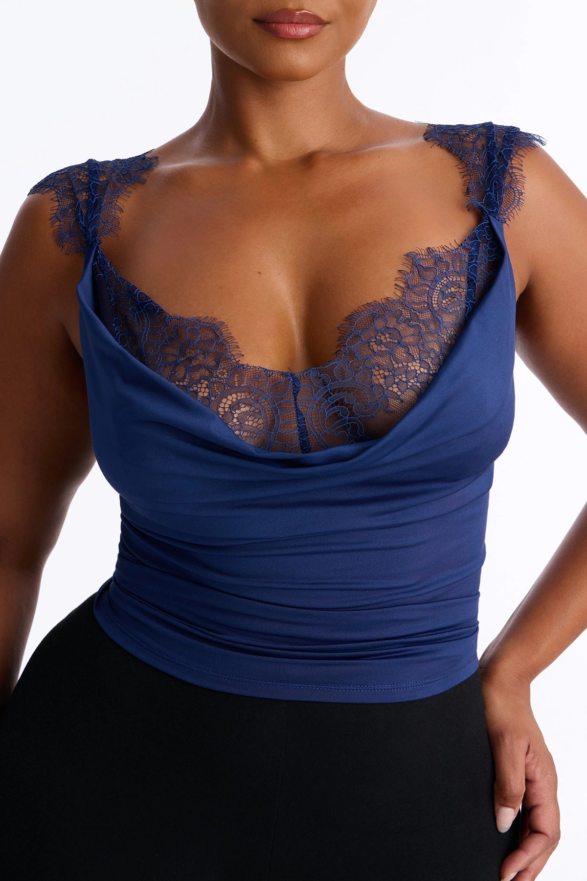 Janet Lace Trim Cowl Tank Top - Navy — Azul-marinho