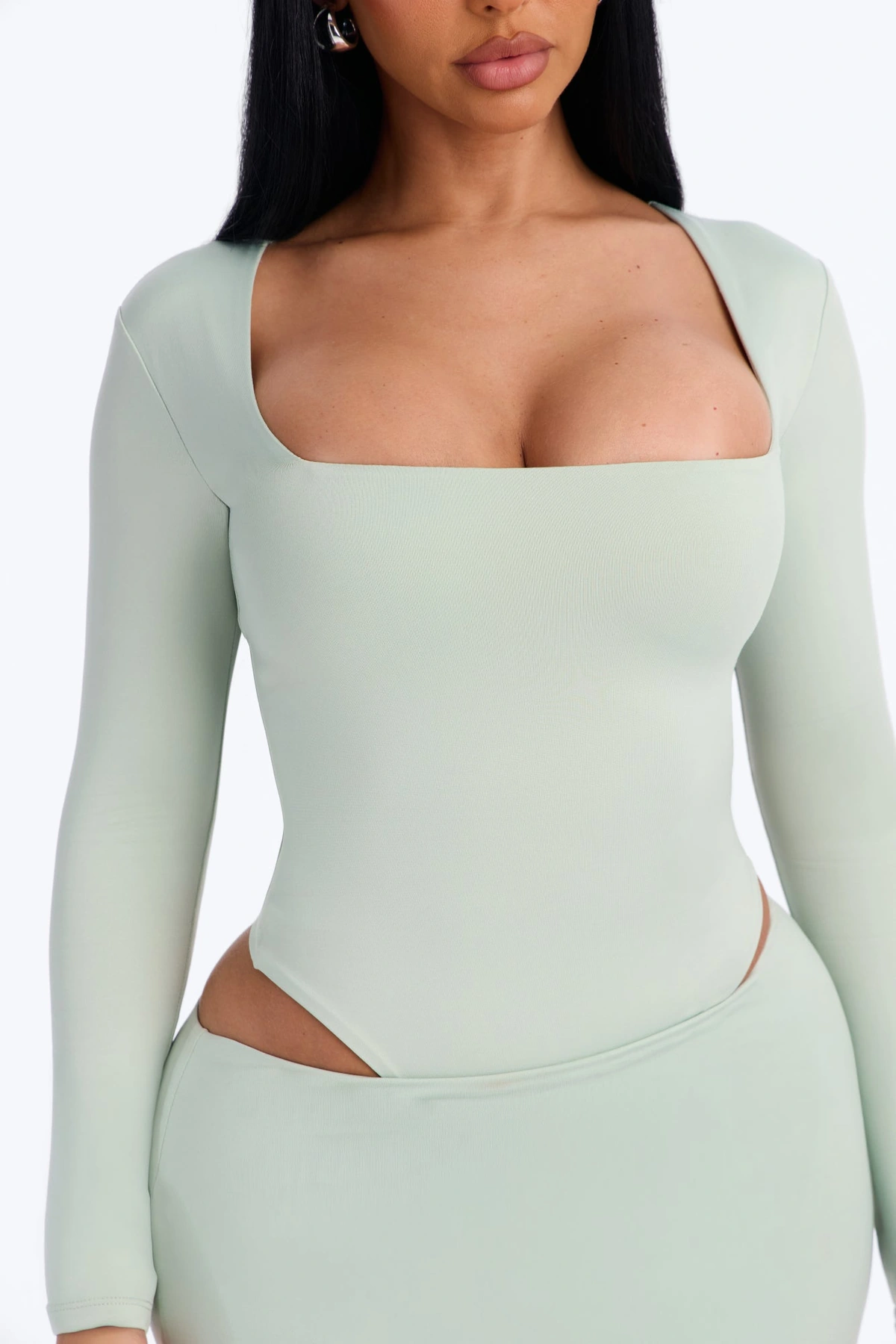 Contour Double Lined Long Sleeve Square Neck Bodysuit - Mint — Verde-menta