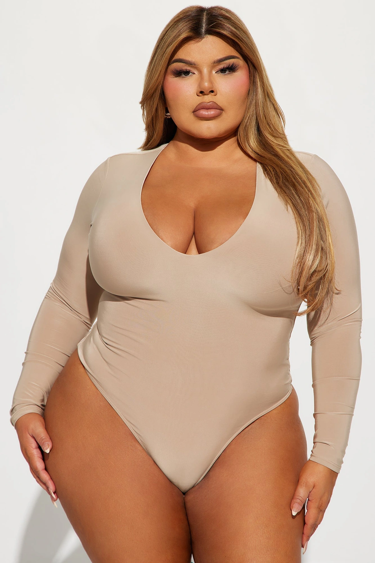 Take The Plunge Lined Long Sleeve Bodysuit - Nude — Nude