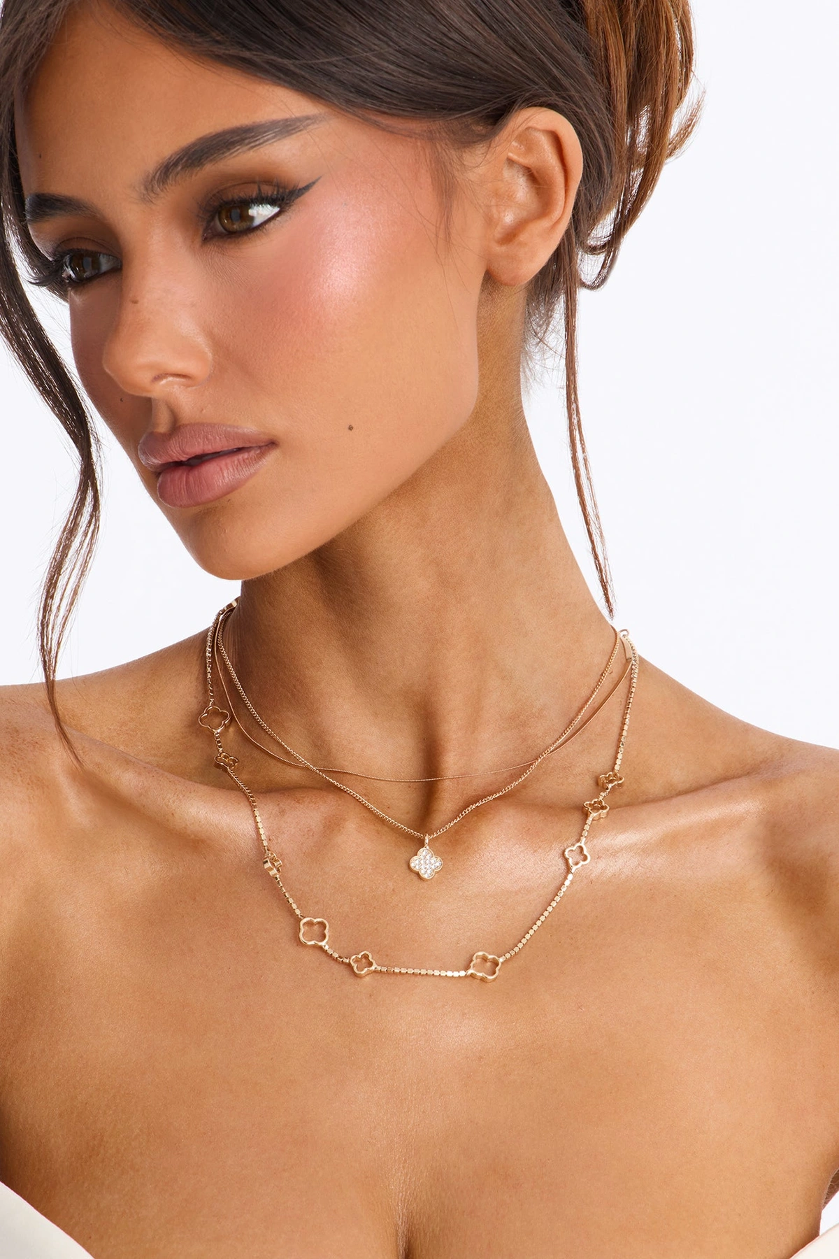 True Connection Rhinestone Clover Layered Necklace - Gold — Dourado
