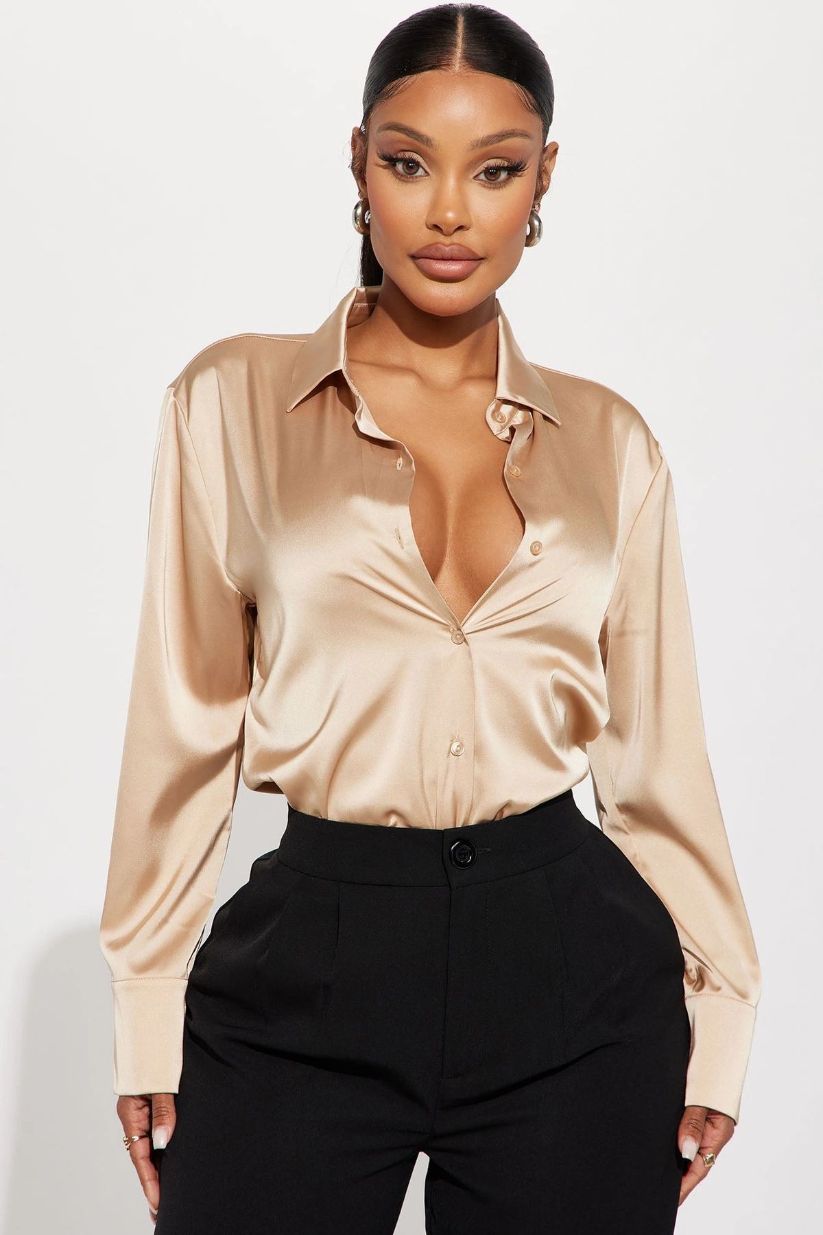 Feelin' Popular Satin Shirt - Taupe — Bege acinzentado