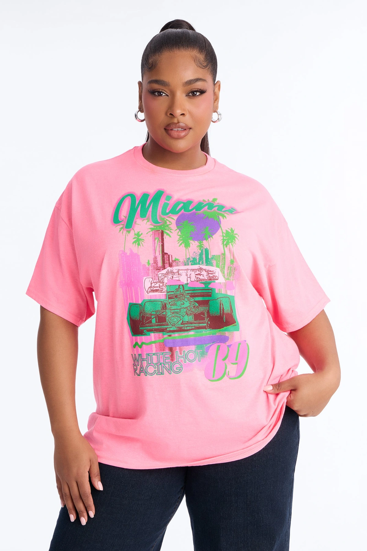 Miami Racing Oversized Tee - Neon Pink — Neon Rosa