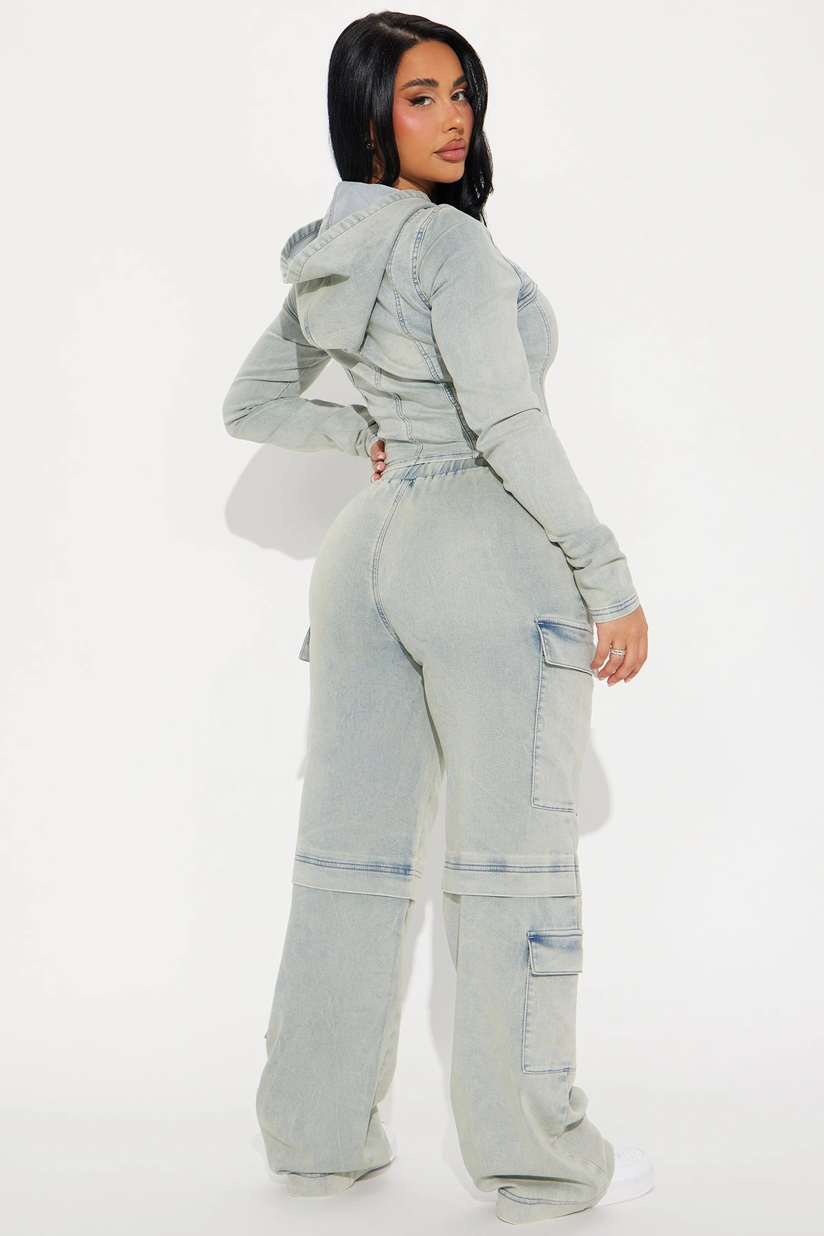 Leylah Denim Cargo Pant Set - Light Wash — Ganga de lavagem clara