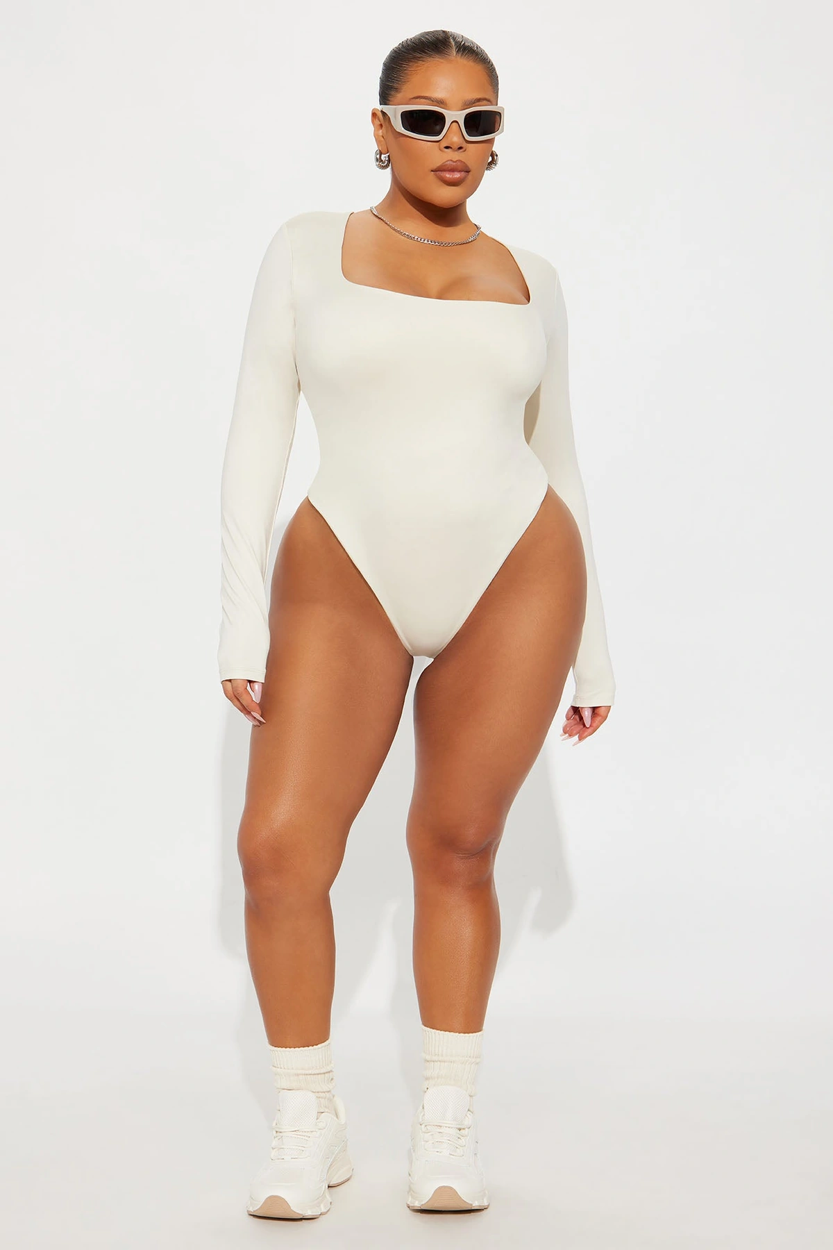 Contour Double Lined Long Sleeve Square Neck Bodysuit - Bone — Bone