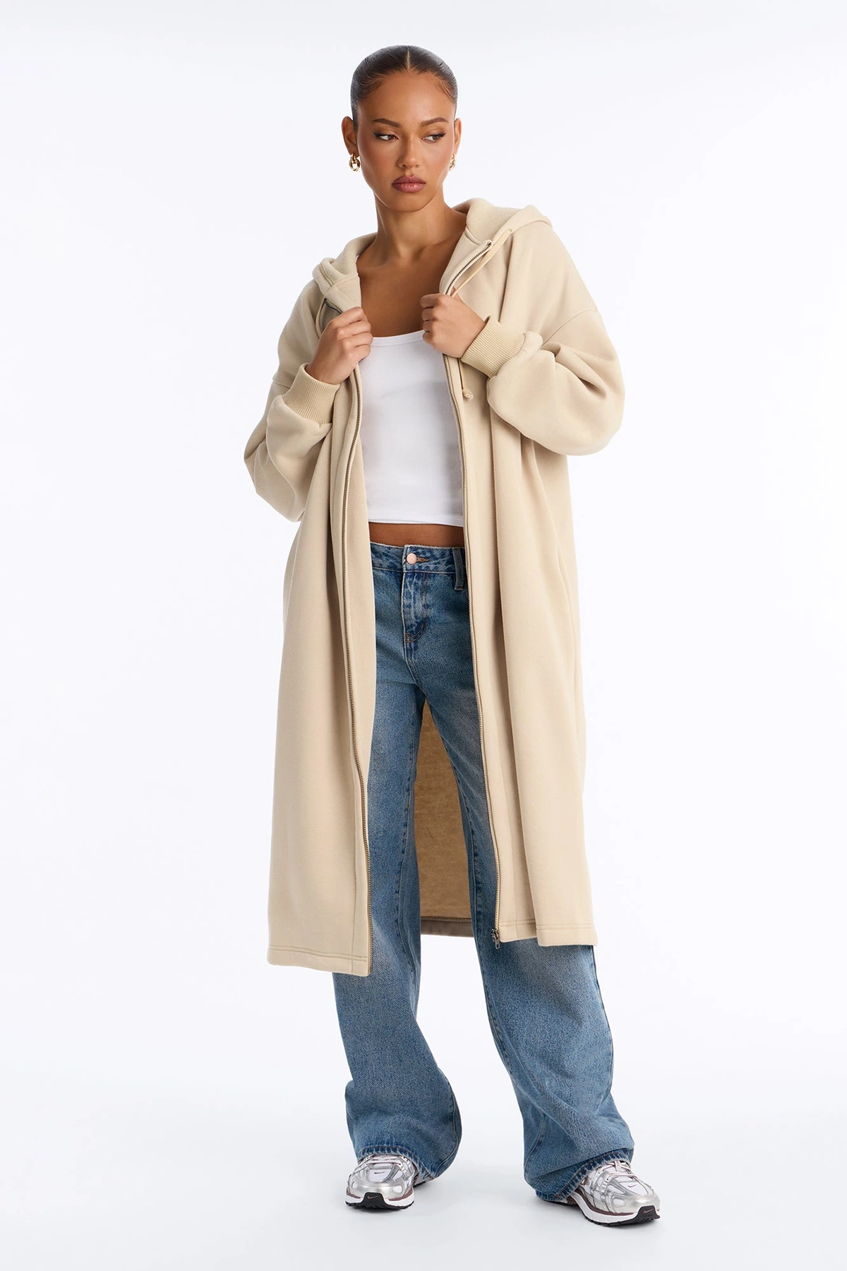 Sunday Lounge Fleece Hooded Long Jacket - Taupe — Bege acinzentado