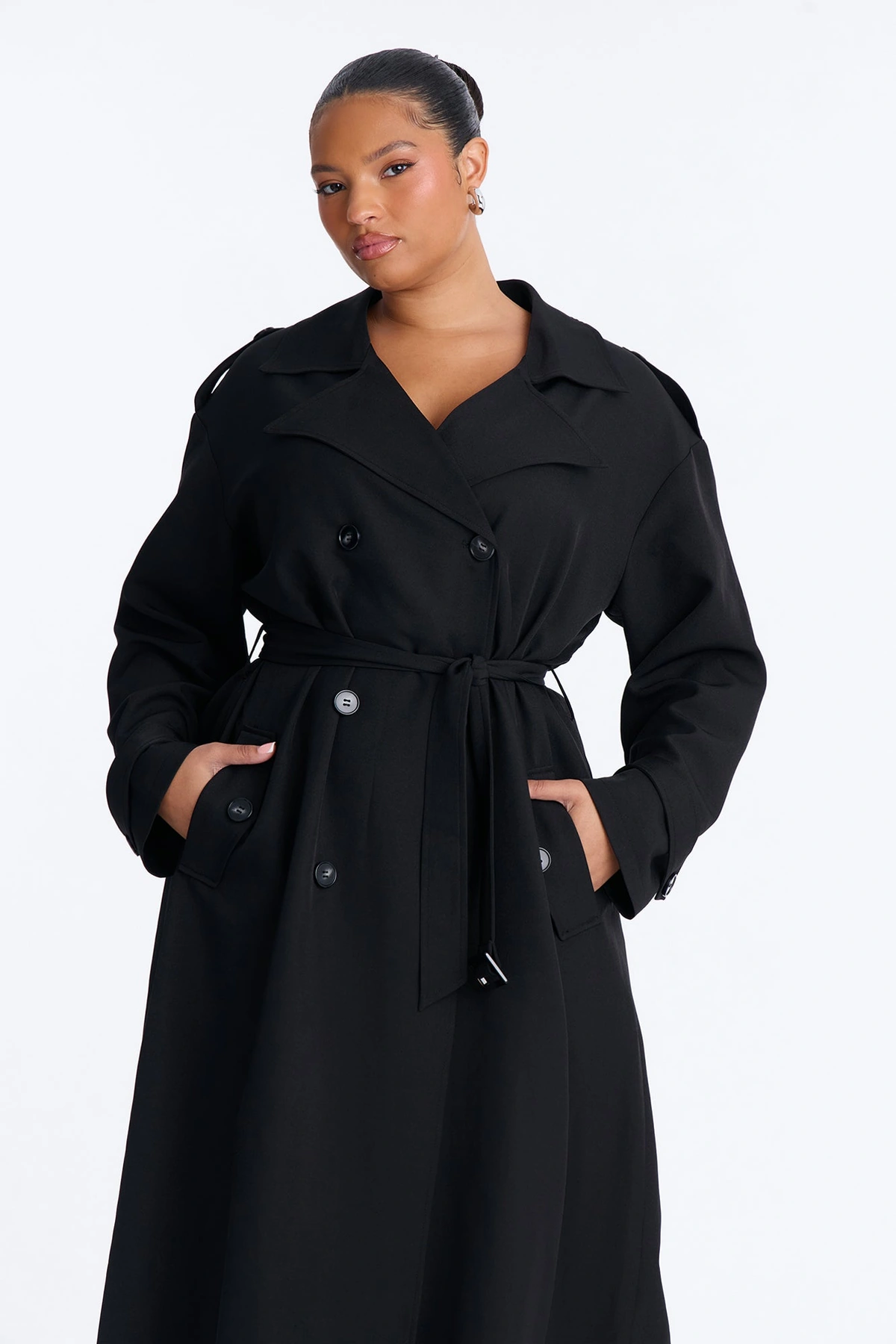 Elorea Belted Solid Trench Coat - Black — Preto