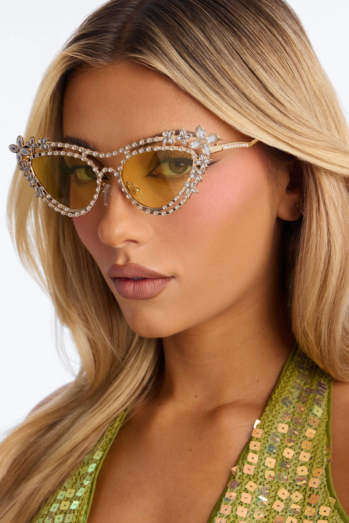 Poppy Rhinestone Sunglasses - Gold/Yellow — Dourado/Amarelo