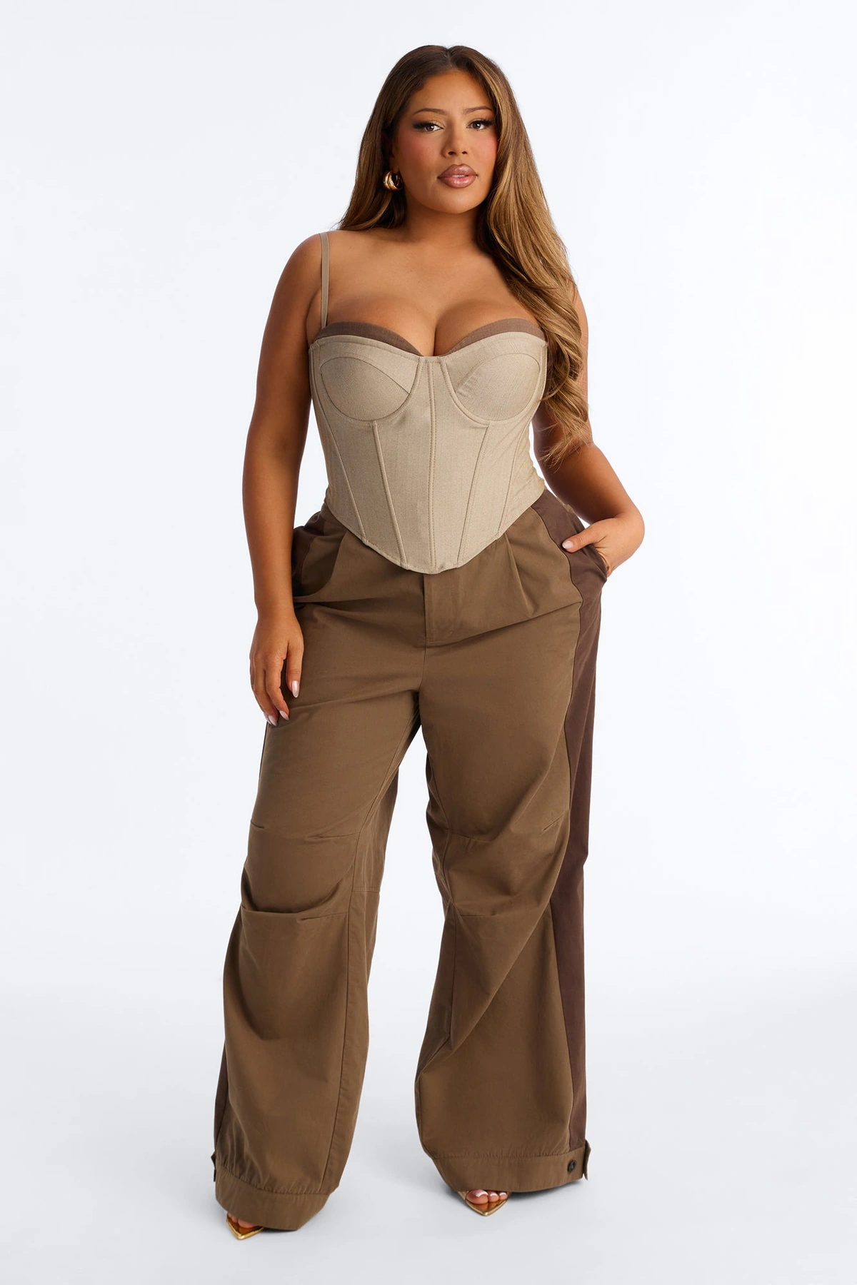 Zuri Mid Rise Colorblock Wide Leg Pant 32″ - Olive/combo — Verde-azeitona/combinação