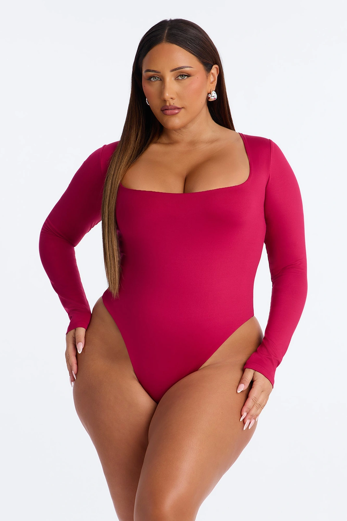 Contour Double Lined Long Sleeve Square Neck Bodysuit - Raspberry — Raspberry
