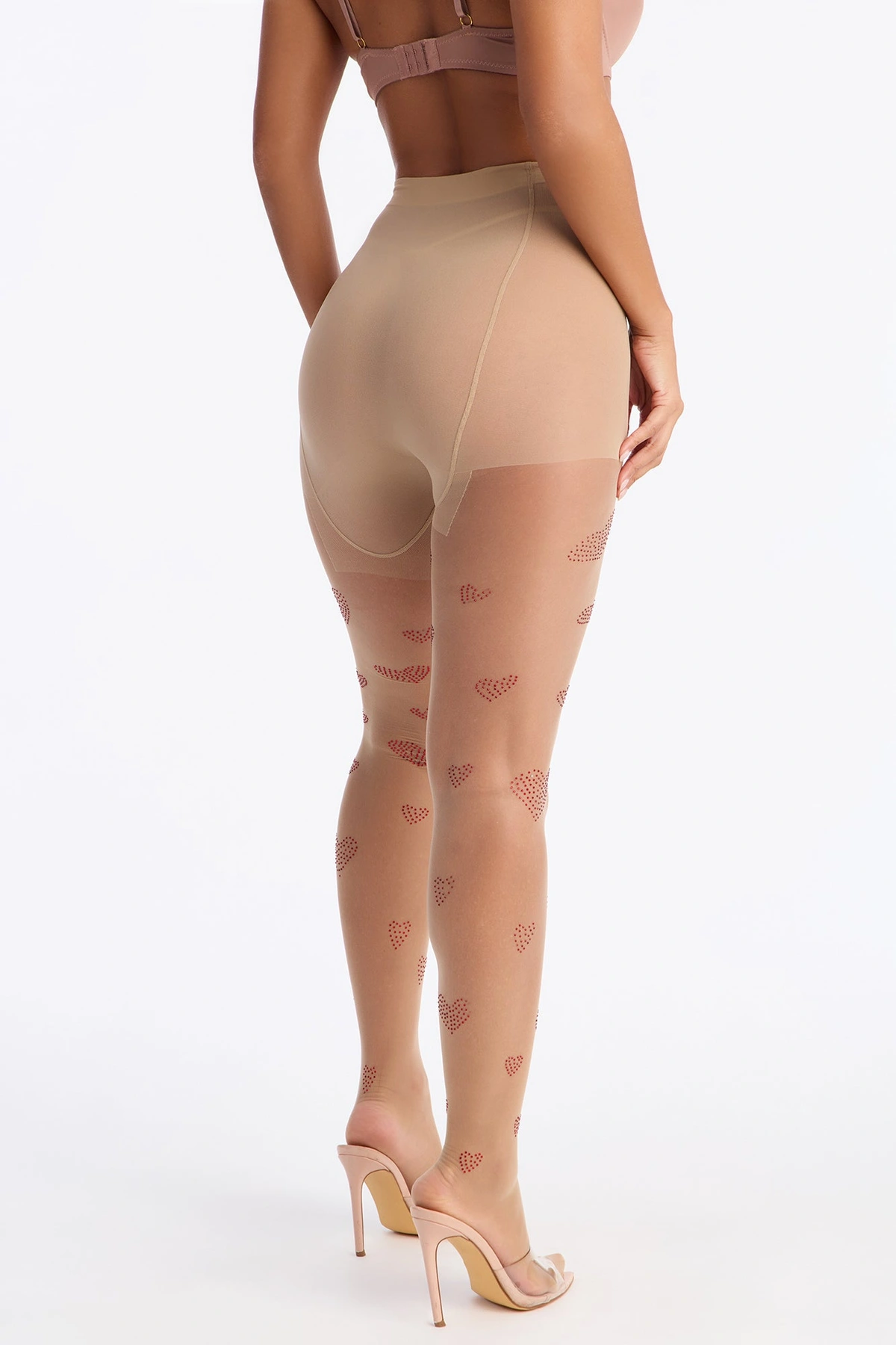 Heart Me Down Sheer Rhinestone Heart Tights - Nude — Nude