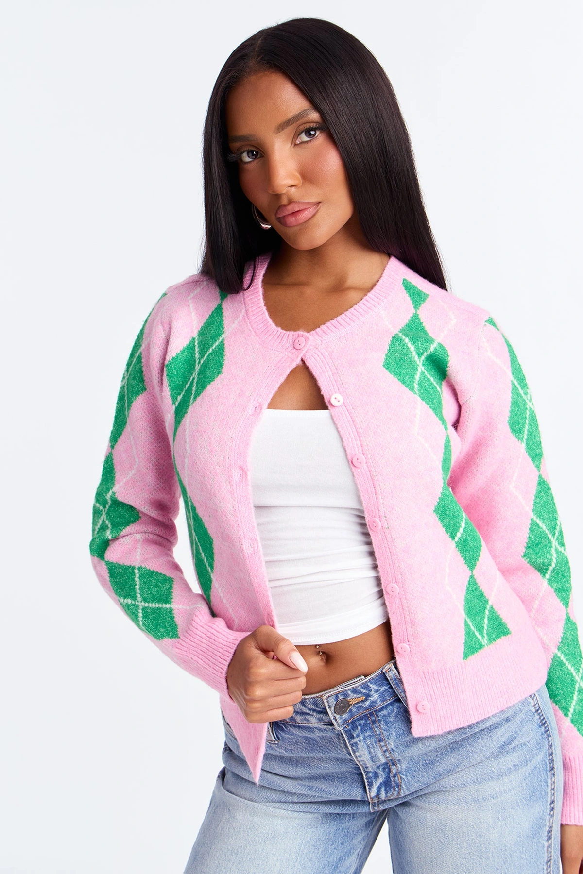 She Reads Argyle Sweater - Pink/combo — Rosa/combinação