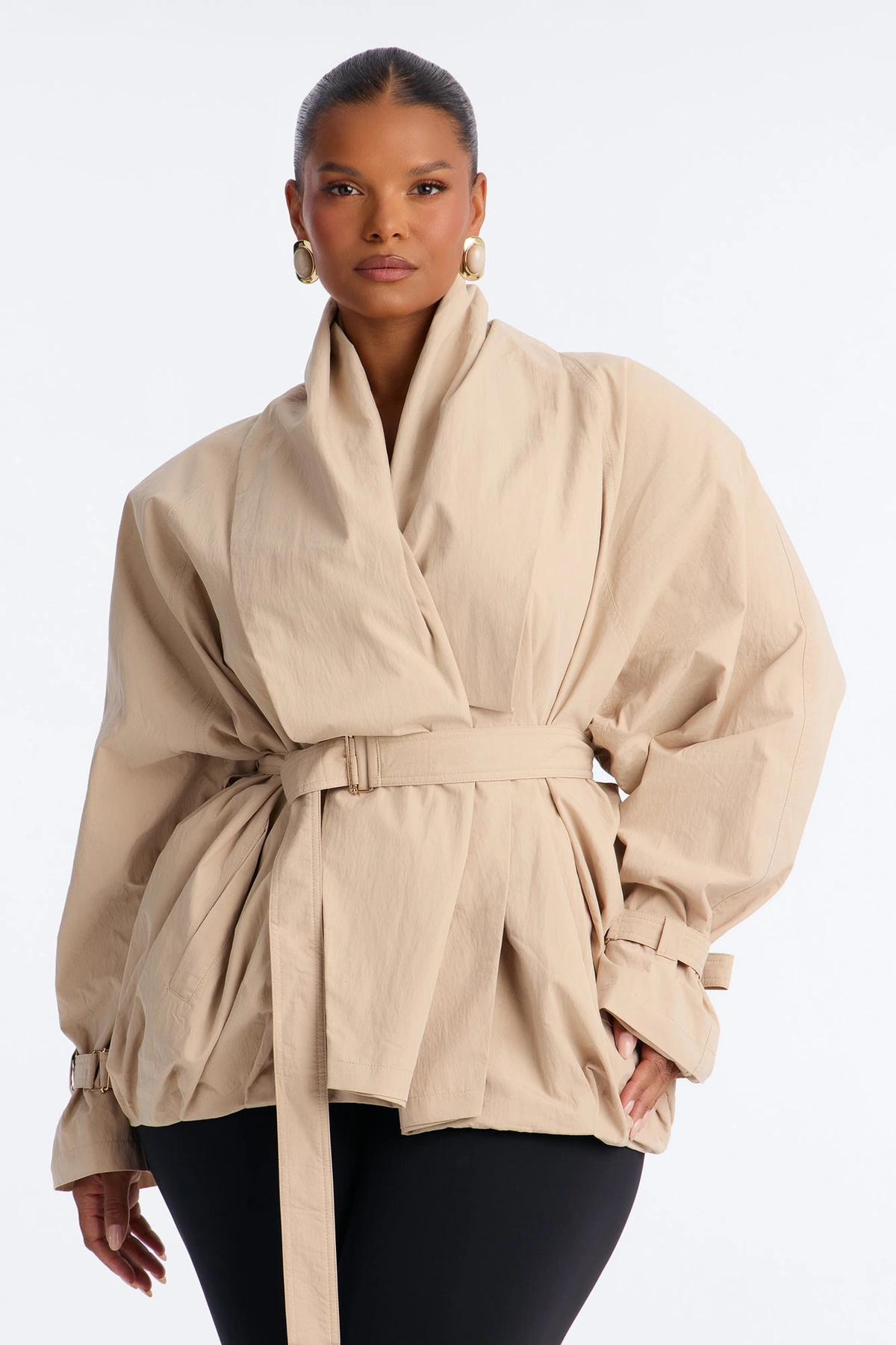 Caitlyn Gathered Belted Shawl Collar Twill Coat - Khaki — Caqui