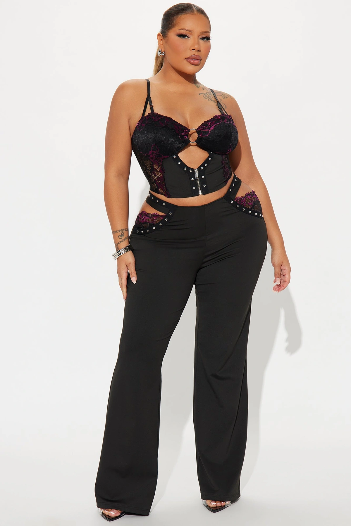 Diva Lace Flare Leg Pant Set - Black — Preto