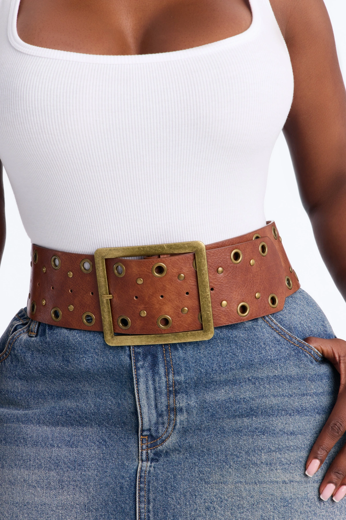 Prairie Gold Wide Faux Leather Belt - Cognac — Cognac