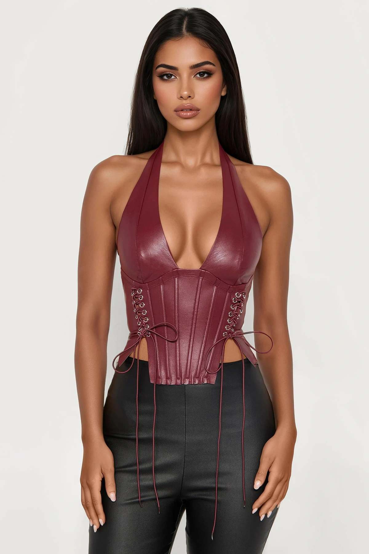 The Baddest Faux Leather Corset Top - Burgundy — Bordô