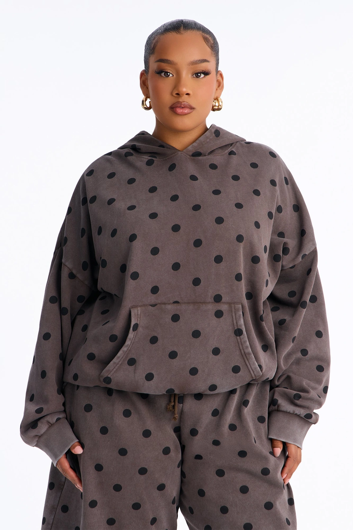 Taylor Polka Dot Washed Fleece Jort Set - Brown — Castanho