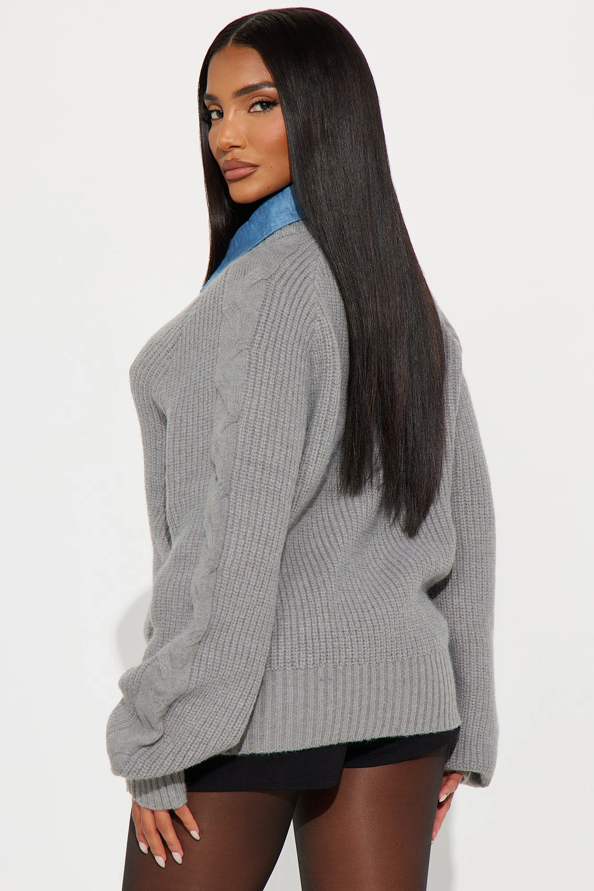 Downtown Girl Set In Denim Sweater - Grey/combo — Cinzento/combinação