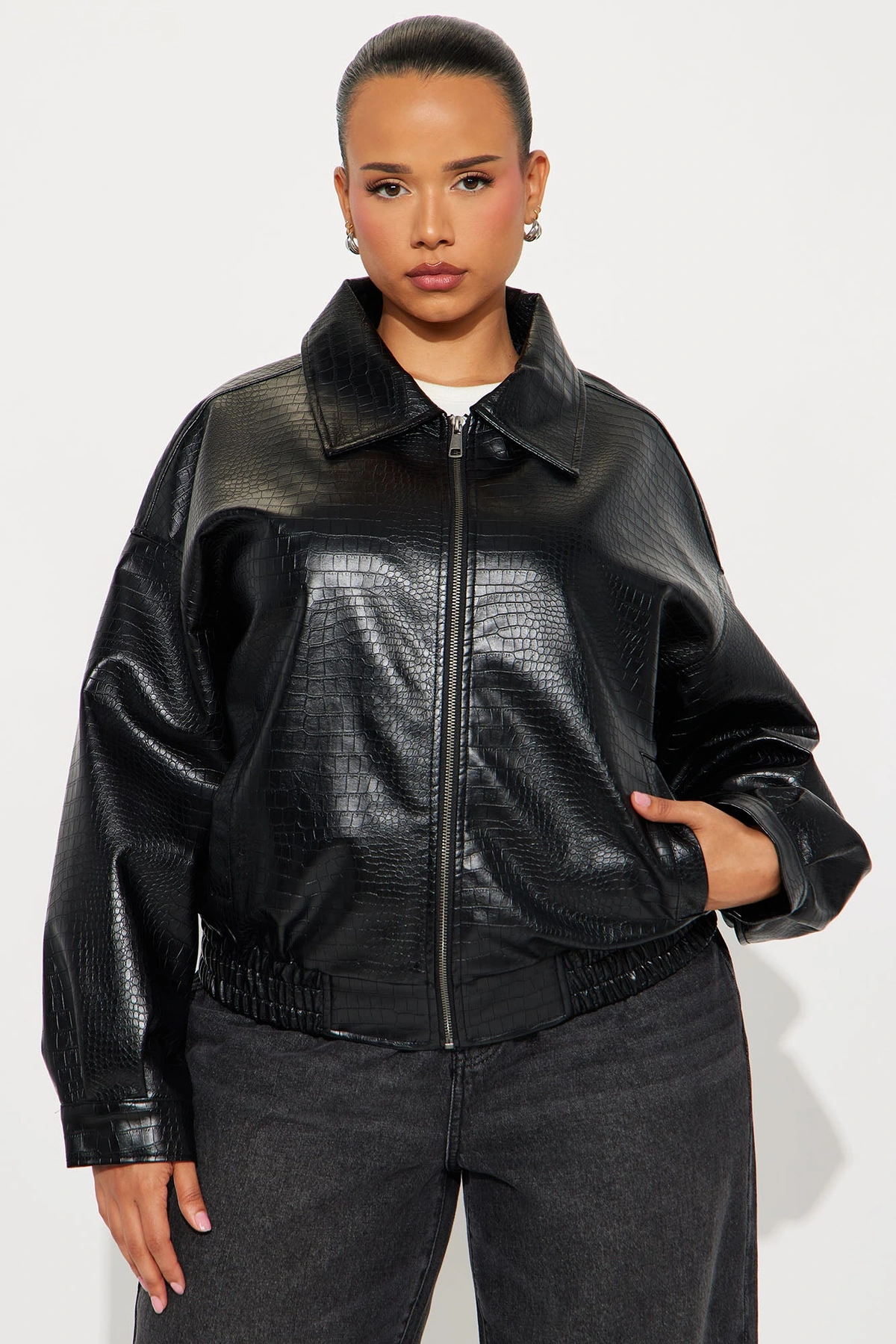 Lola Croc Faux Leather Bomber Jacket - Black — Preto