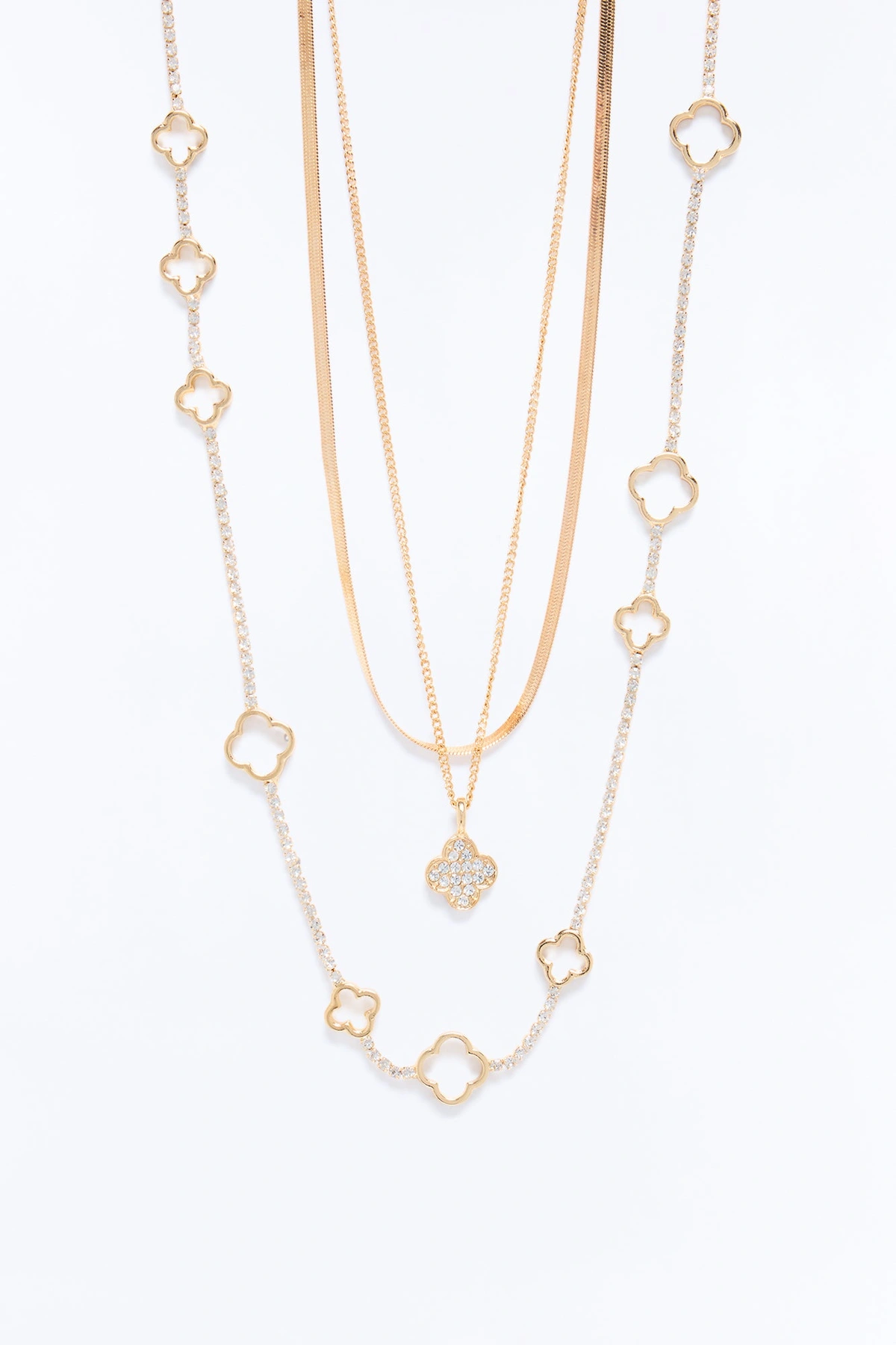 True Connection Rhinestone Clover Layered Necklace - Gold — Dourado