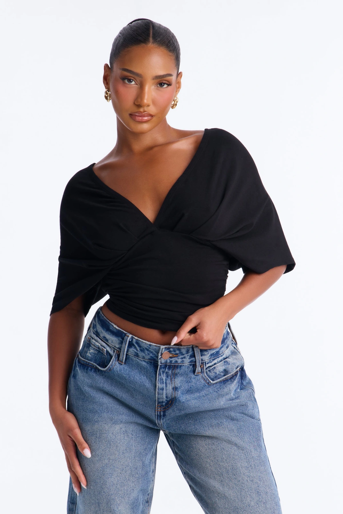 Taylor Cinched Waist Ruched Short Sleeve Top - Black — Preto