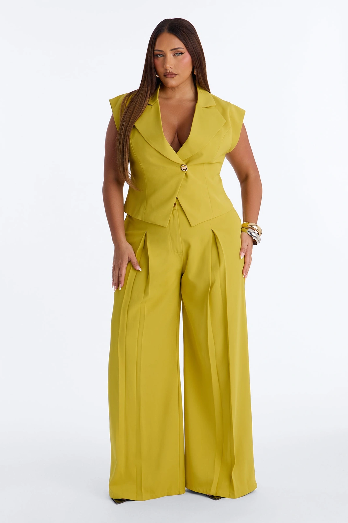 Feeling Polished Cinched Vest Pant Set - Chartreuse — Chartreuse