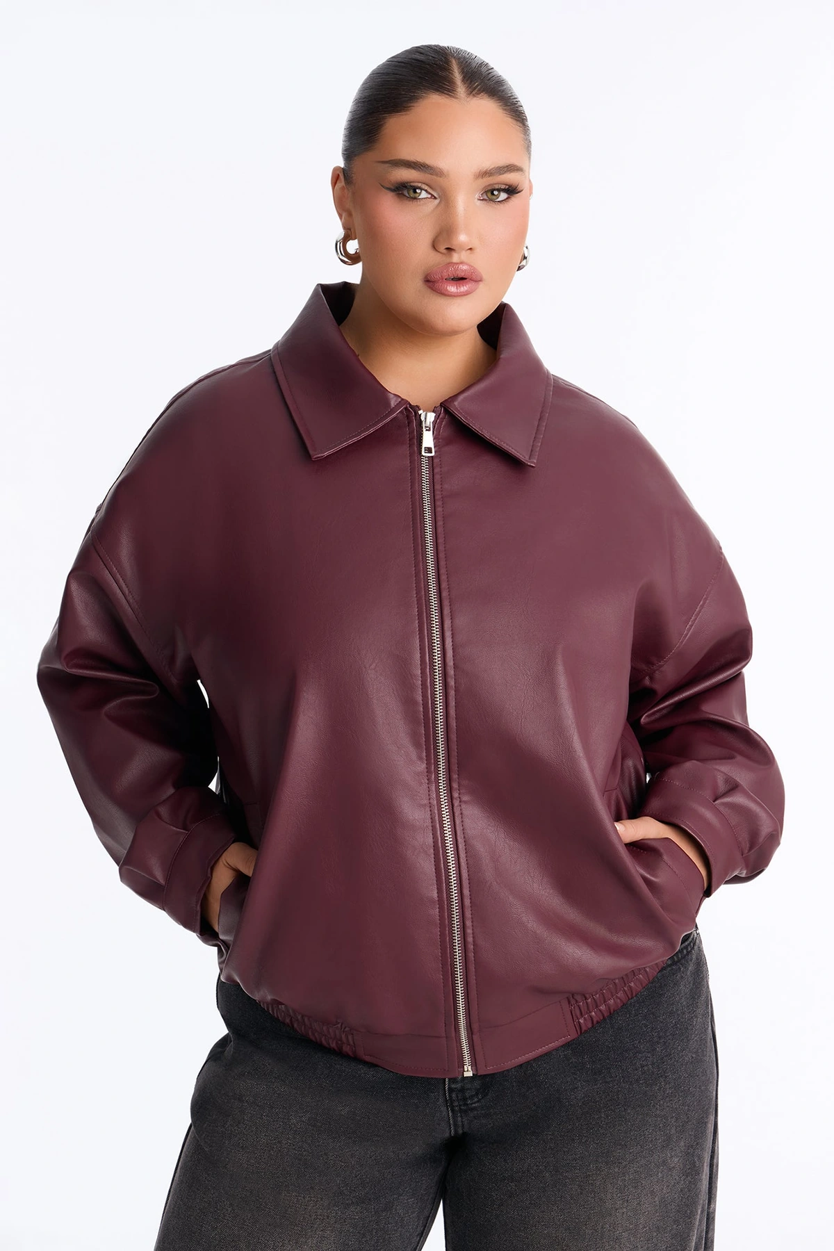 Hustle Mode Oversized Faux Leather Jacket - Burgundy — Bordô