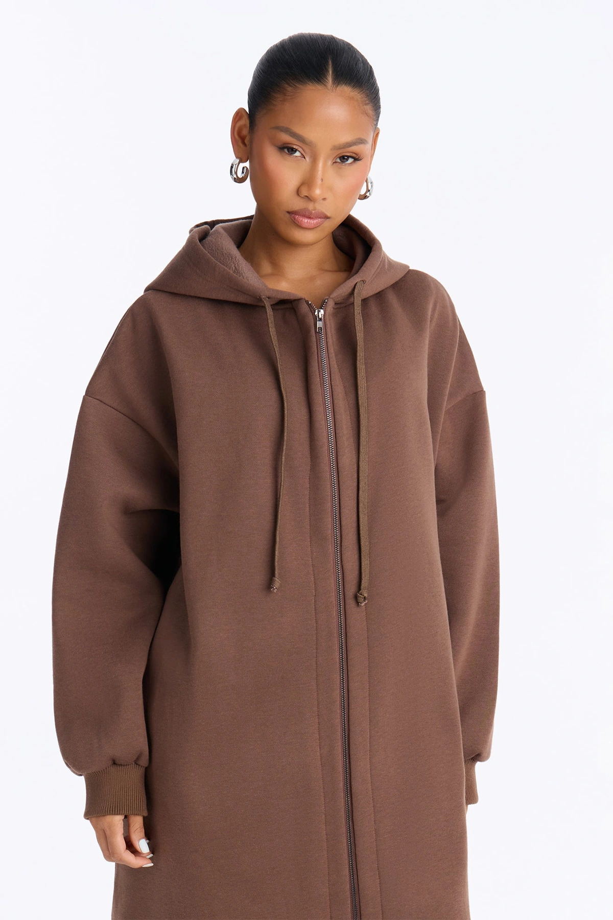 Sunday Lounge Fleece Hooded Long Jacket - Brown — Castanho