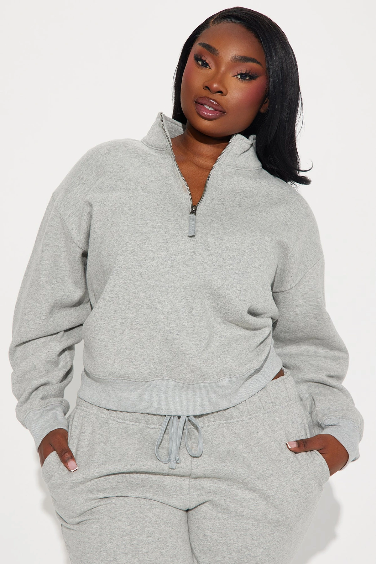On My Own Half Zip Sweatsuit - Heather Grey — Cinzento mesclado