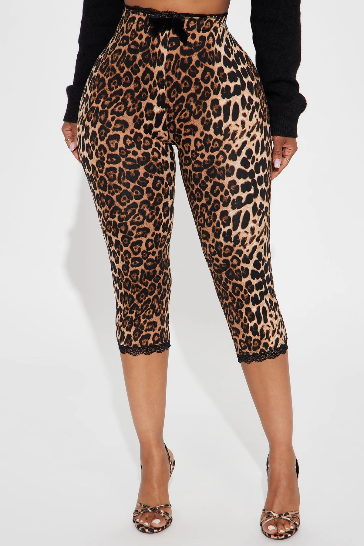 Florentina Lace Trim Capri Legging - Brown/combo — Castanho/combinação