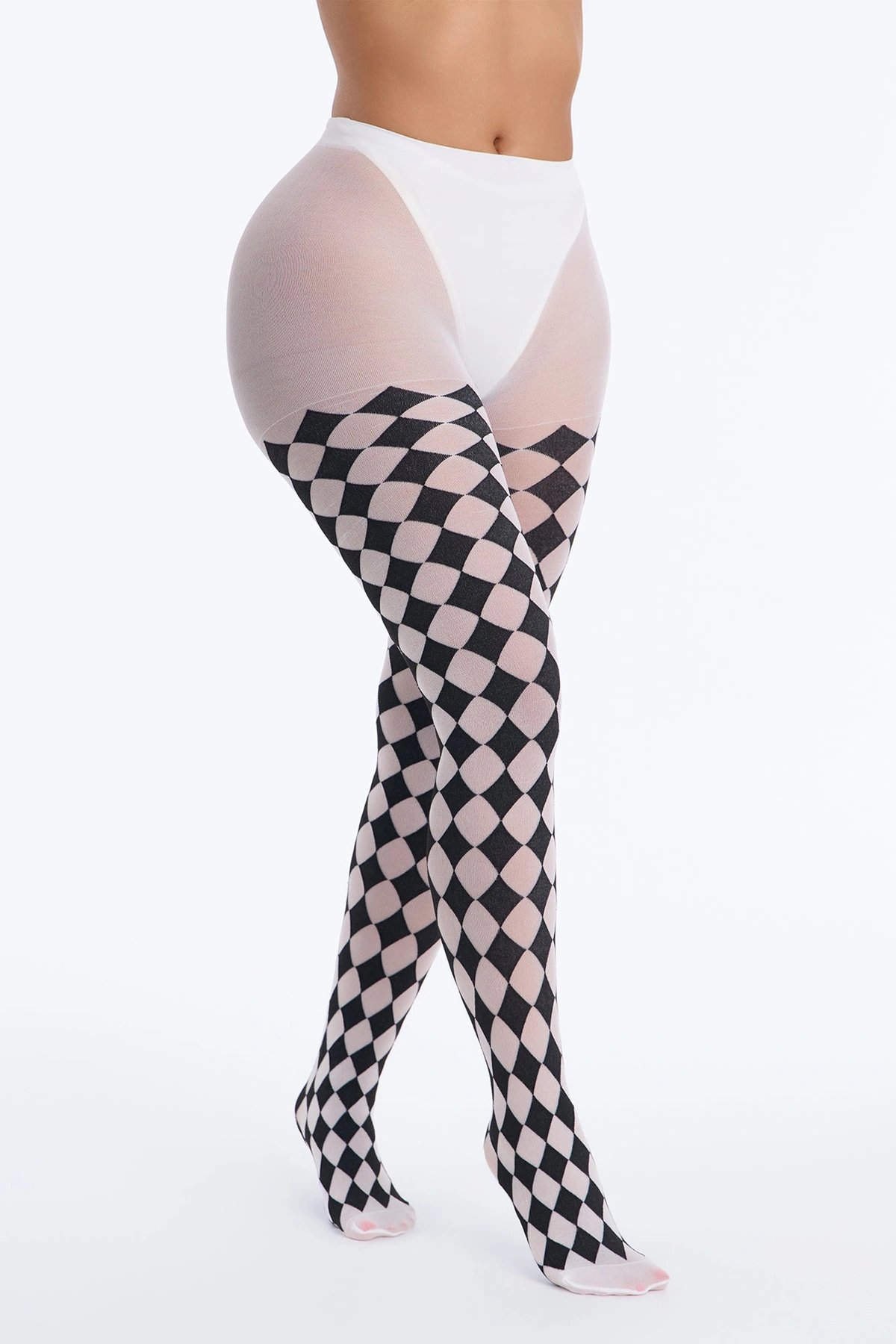 Edge To Edge Checkered Mesh Tights - Black/White — Preto/Branco