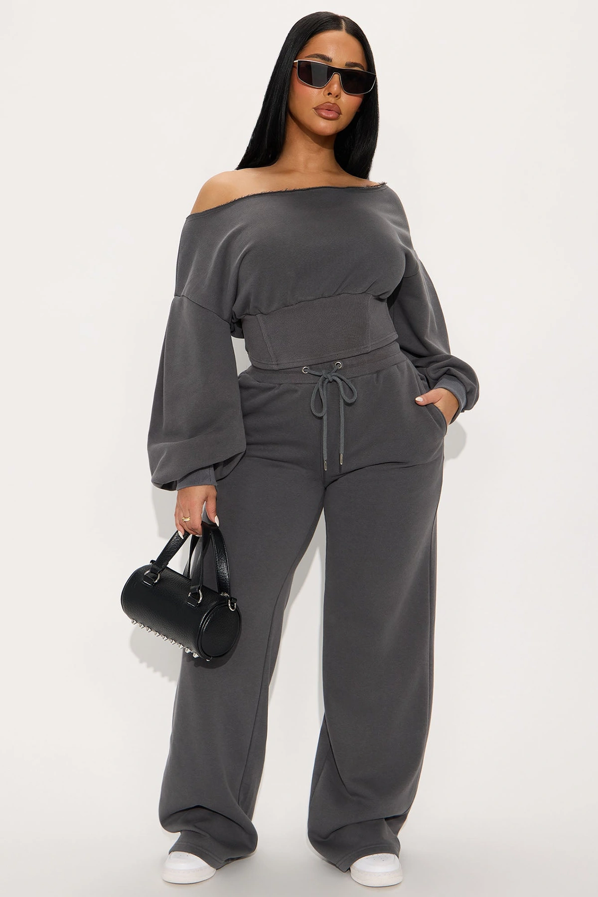 Come Find Me Washed Fleece Mix Pant Set - Charcoal — Cinzento-escuro