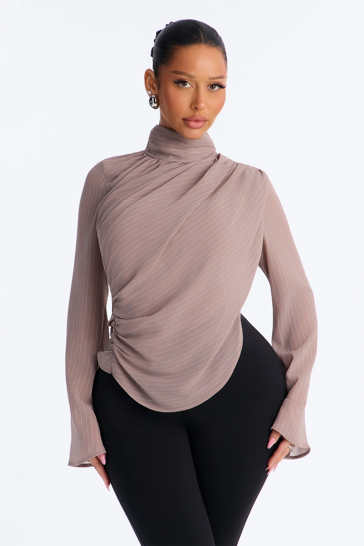 Controlled Desires Striped Long Sleeve Blouse - Taupe/combo — Bege acinzentado/combinação